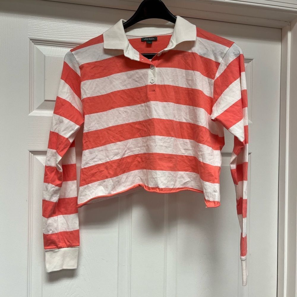 Wild Fable Salmon & White Striped Cropped Rugby Shirt sz S EUC